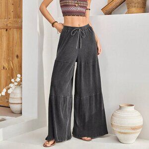 Grey Casual Women's Wide Leg Pants With Drawstring Waist And Ruffle Hem